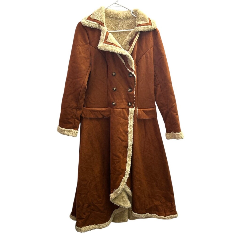 Faux Suede & Sherpa Lined Long Trench Coat Women's L Brown Boho Vintage Style
